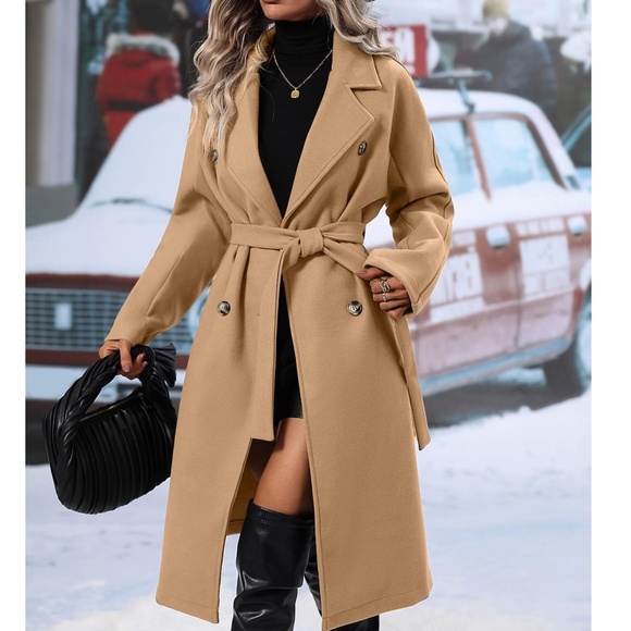 Solid Wide Collar Pockets Belted Minimalist Jacket Coat - Picture 8 of 9